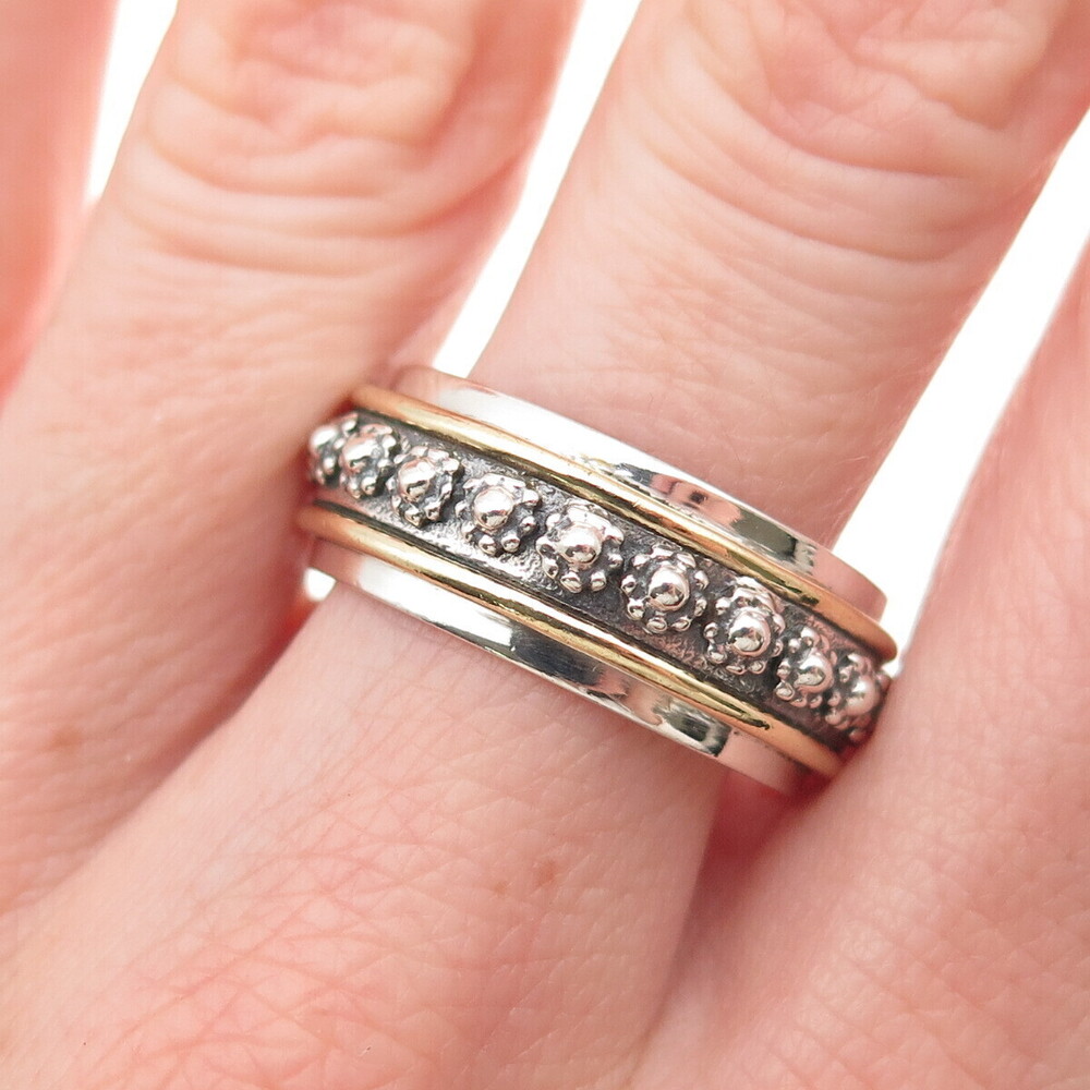 925 Sterling Silver 2-Tone Vintage Floral Beaded Oxidized Band Ring Size 10